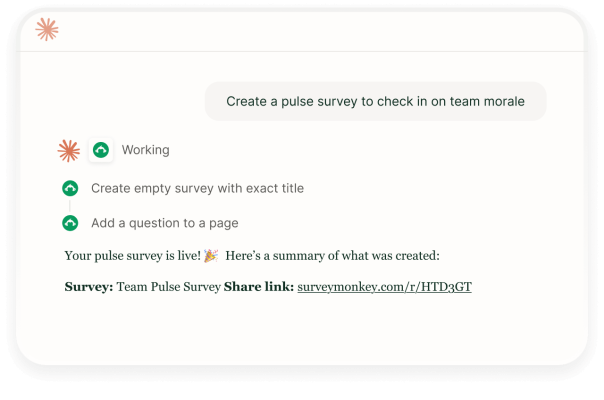 Interface showing an AI assistant creating a pulse survey to check team morale and generating a SurveyMonkey share link