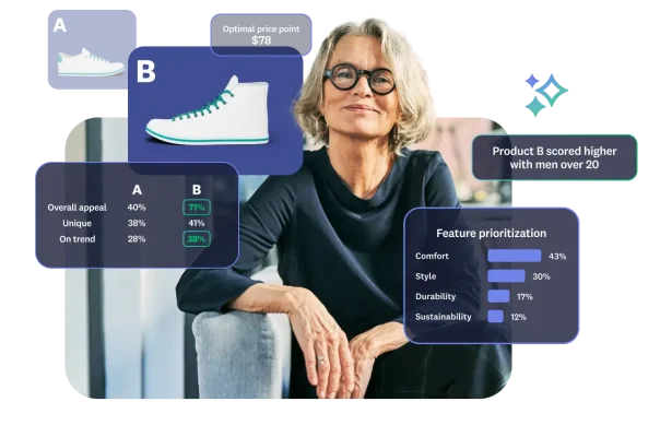 Woman sitting on sofa, next to scorecard showing results from product concept test for sneakers, and maxdiff bar graph results