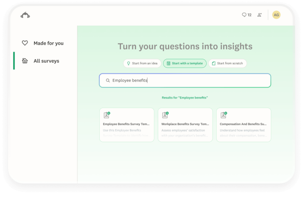 A SurveyMonkey interface showing a search bar with the text Employee benefits typed in. Below the bar, three survey template cards appear as search results, including Employee Benefits Survey Template.