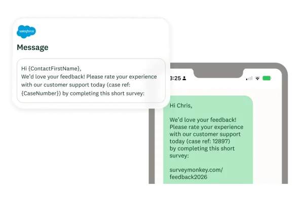 Salesforce message showing an SMS text message sent to ask users to complete a survey
