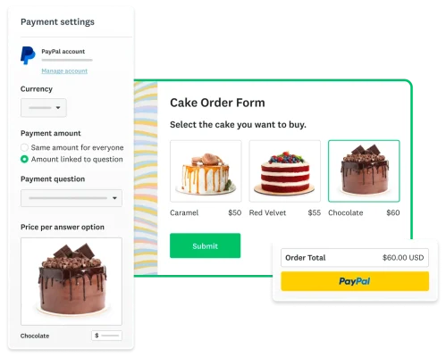 Screenshot of cake order form, next to PayPal integration module for SurveyMonkey