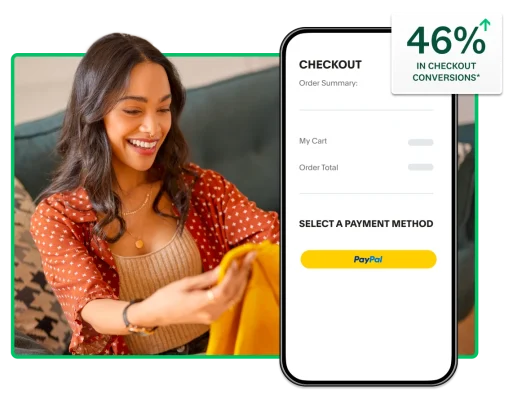 Woman looking at phone, next to screenshot of a checkout page, with the option to use PayPal