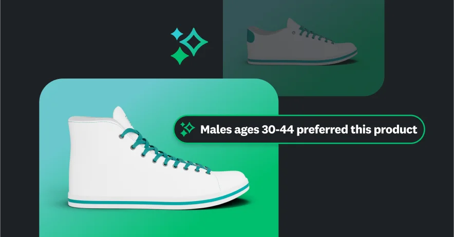 Photo of two different sneakers, with insight saying that males ages 30-44 preferred this product