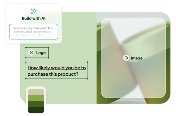 AI survey builder interface generating a customizable product feedback survey with logo, image, and color palette placeholder