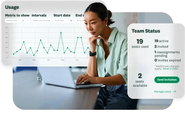 Enterprise management dashboard overlaying a professional working on a laptop, showing account usage line graphs and team status seat allocations