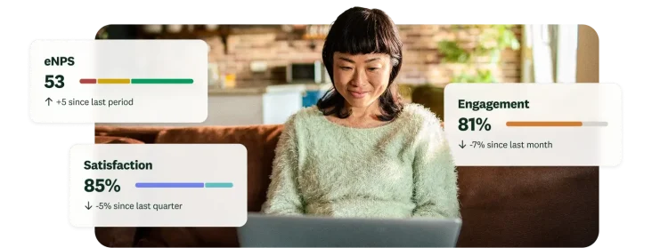 Woman working on laptop with overlaid employee experience metric cards showing eNPS, Satisfaction, and Engagement scores