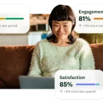 Woman working on laptop with overlaid employee experience metric cards showing eNPS, Satisfaction, and Engagement scores