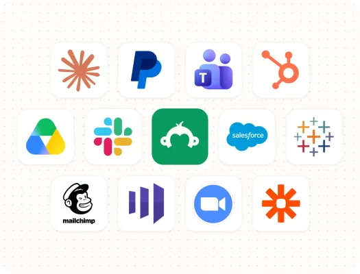 Various icons of apps that integrate with SurveyMonkey, such as Claude, PayPal, Google Drive, Salesforce, Zoom, Mailchimp, Tableau, OpenAI, and Slack