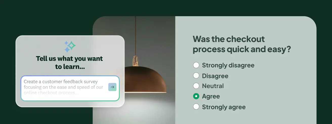 Screenshot of AI generated survey and text box asking user to type in a prompt to tell us what you want to learn