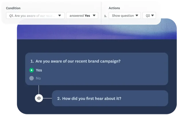 Survey logic builder showing a conditional skip rule triggered by a Yes/No response