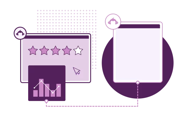 Screenshots of SurveyMonkey forms next to four stars and bar graph