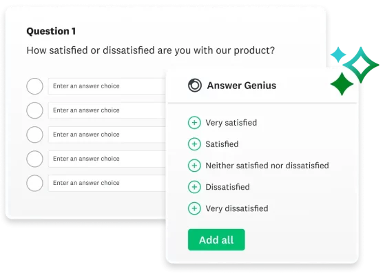 Screenshot of Answer Genius product in SurveyMonkey, which offers suggestions for writing answers when creating a survey