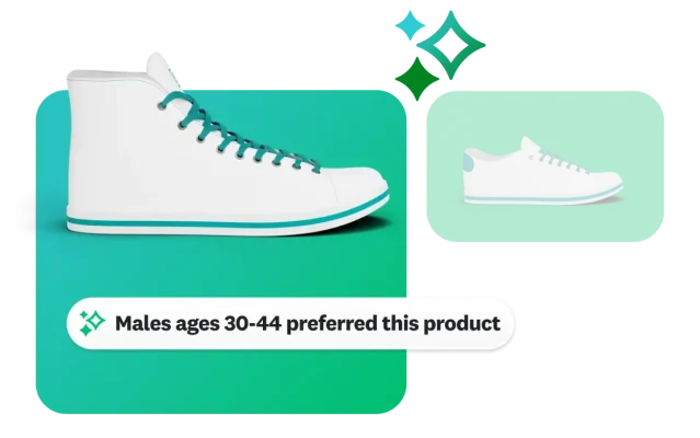 Image of sneaker, next to insight saying males ages 30-44 preferred this product