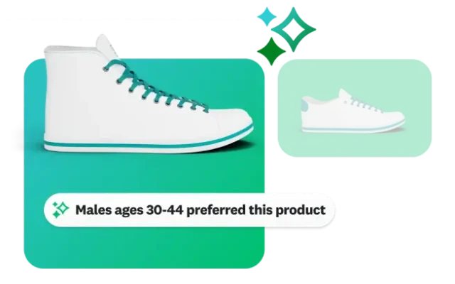 Image of sneaker, next to insight saying males ages 30-44 preferred this product