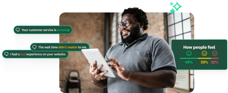 A man is looking at a tablet. Overlaid conversation bubbles contain customer feedback, such as "Your customer service is amazing!" and "I had a bad experience on your website." A graphic shows a breakdown of sentiment with icons for happy, neutral, and sad faces.
