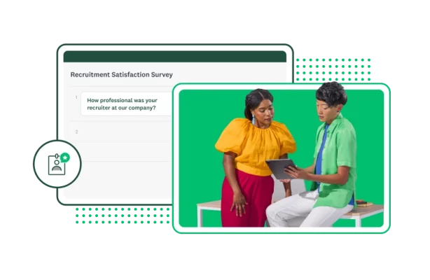 Two people looking at a tablet screen together, next to screenshot of SurveyMonkey recruitment satisfaction survey