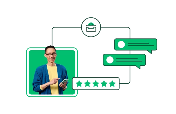 Persona sorridente che tiene in mano un telefono, con cinque stelle e fumetti di chat accanto