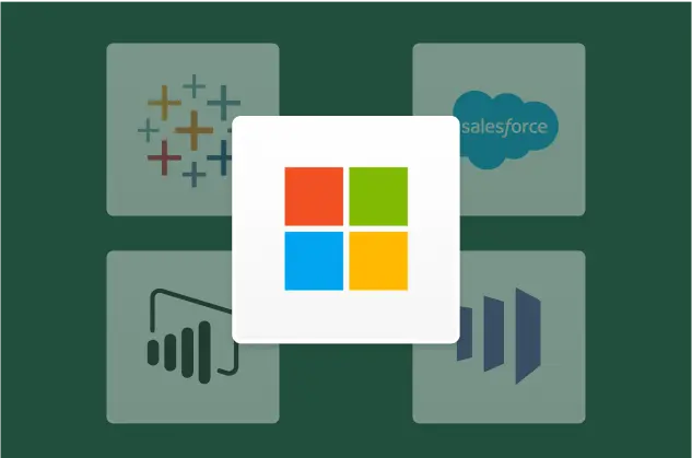 Microsoft logo, with logos of Tableau and Salesforce in the background