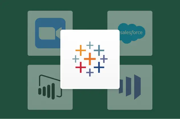 Tableau icon with icons of Zoom and Salesforce behind it