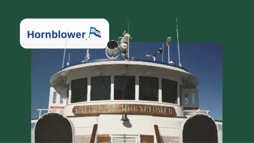 Hornblower logo next to a photo of a boat