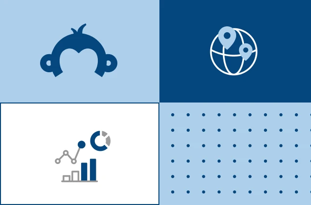 Icons of Goldie monkey, globe, and bar graphs