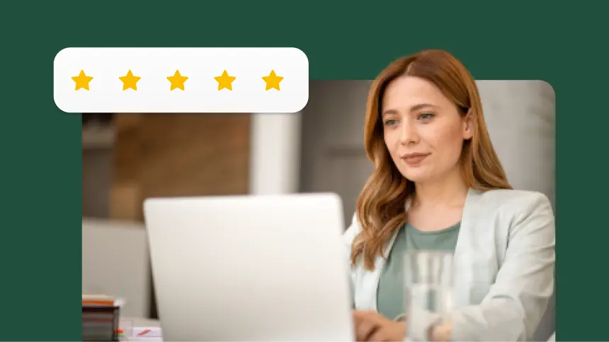 Woman typing on a laptop next to 5 stars
