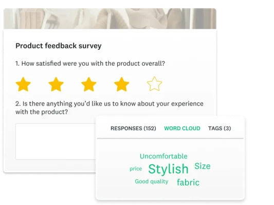 Screenshot of SurveyMonkey product feedback survey with 4 stars and a word cloud