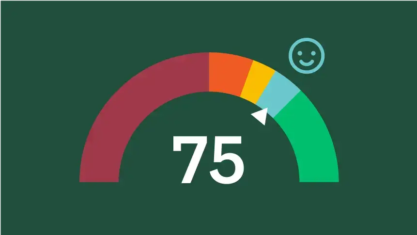 Half circle graph showing 75 with a smiling face