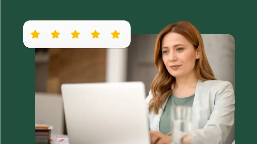 A woman smiling and looking at her laptop with a five-star rating overlay.