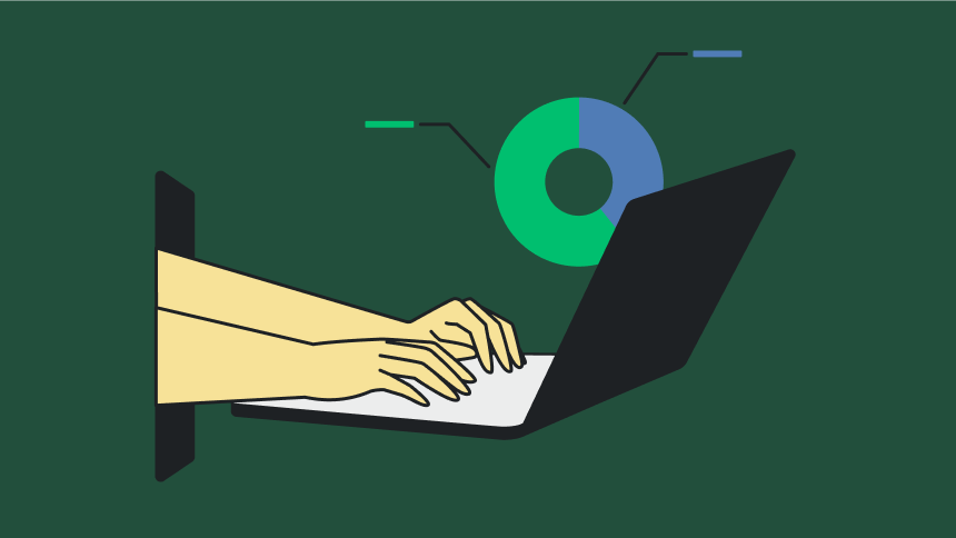 Hands typing on a laptop, next to a circle graph