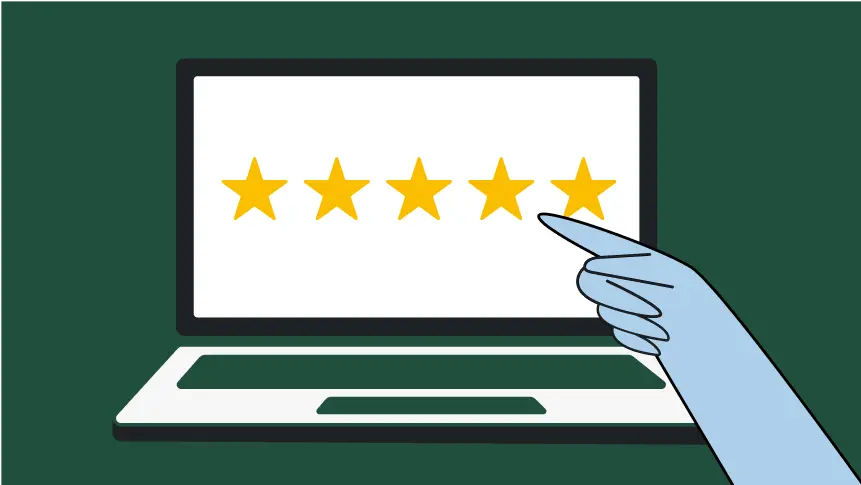 A hand pointing to laptop screen showing 5 stars
