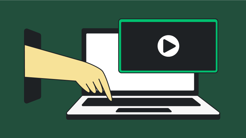 An illustration of a hand pointing to a laptop keyboard with a video playing on the screen.