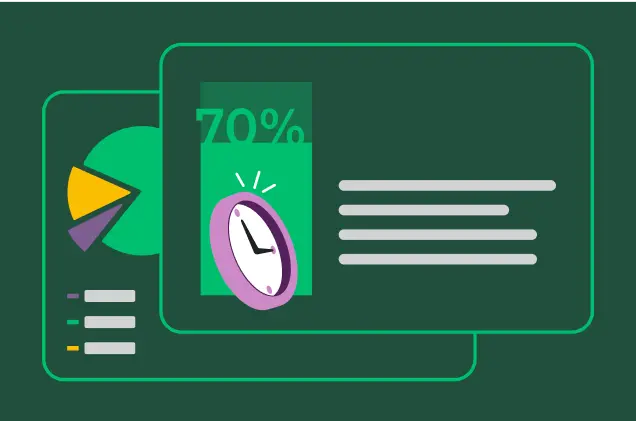 A graphic with a pie chart, a large percentage "70%," a clock, and lines representing text.
