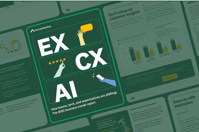 A graphic summarizing a business trends report. Large letters spell out "EX," "CX," and "AI," with smaller illustrations. Surrounding the main graphic are snippets of other report pages with charts and text.