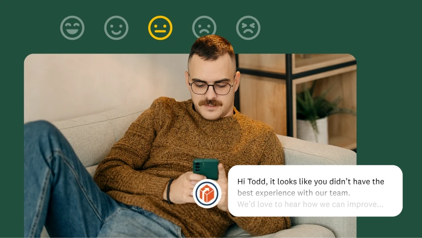 A man looking at his phone with a chat bot message asking for feedback on a negative experience.