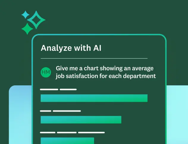 An "Analyze with AI" panel showing a prompt for "an average job satisfaction for each department" with a bar chart as the result.