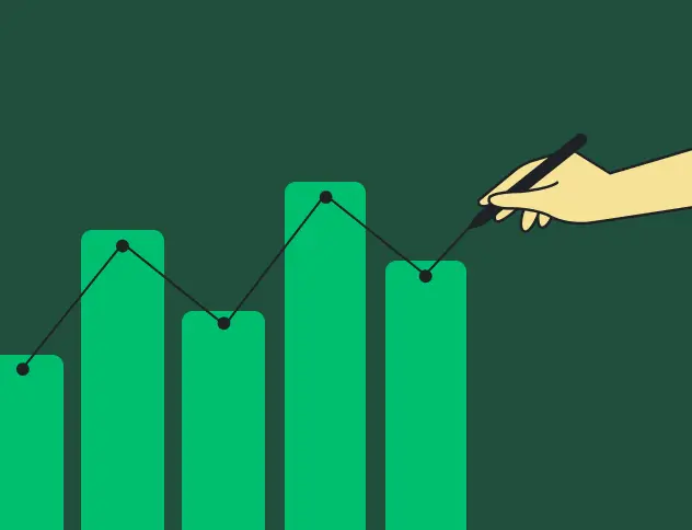 An illustration of a bar chart with a line graph connecting the tops of the bars. A hand is drawing the line graph with a stylus.