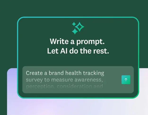 A graphic of a text box with the title, "Write a prompt. Let AI do the rest." The text inside shows an example prompt: "Create a brand health tracking survey to measure awareness, perception, consideration and..."