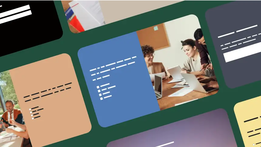  A collage of templates, including people working on laptops and stylized forms with placeholder text.
