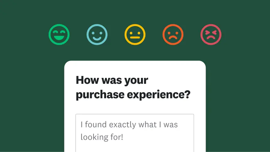 5 different emoji faces ranging from smiling to frowning, next to question asking how was your purchase experience, with an answer that says I found exactly what I was looking for