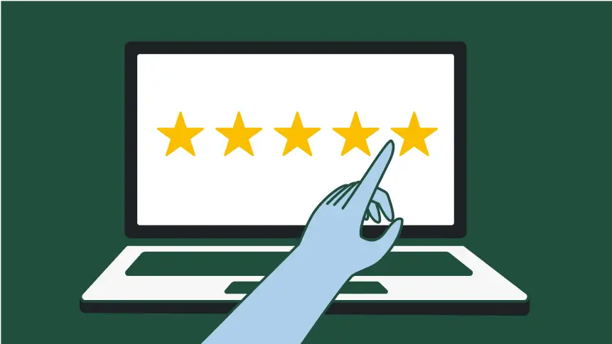 Hand pointing to laptop screen with 5 stars