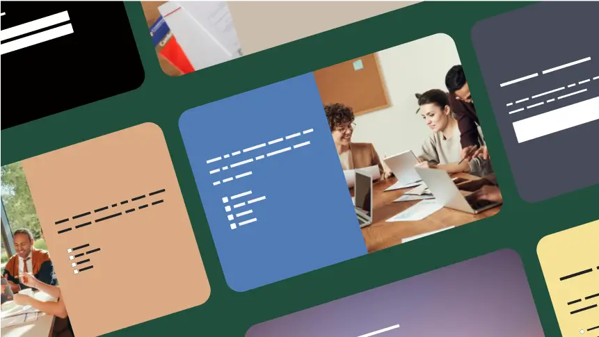 A collage of various templates and images, including a photo of people in a meeting and stylized documents with placeholder text.