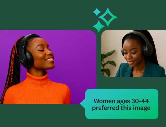 Two images of a woman wearing headphones. The first shows her with a serene smile on a purple background, and the second shows her looking at a laptop. A callout box states, "Women ages 30-44 preferred this image," suggesting a result from a preference test.