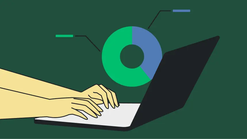 Hands typing on a laptop, next to a circle graph