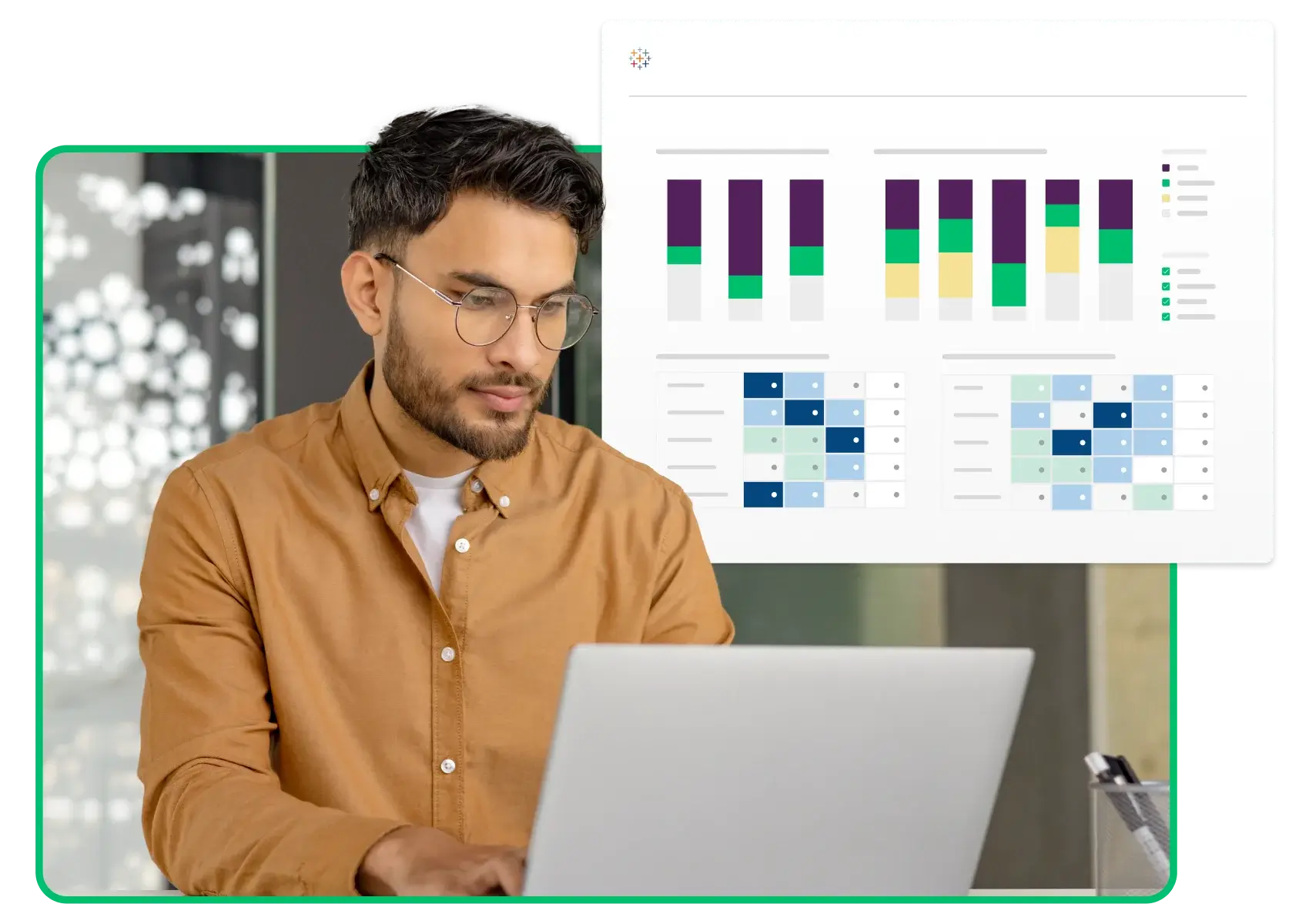 Man typing on laptop, next to screenshots of charts and graphs