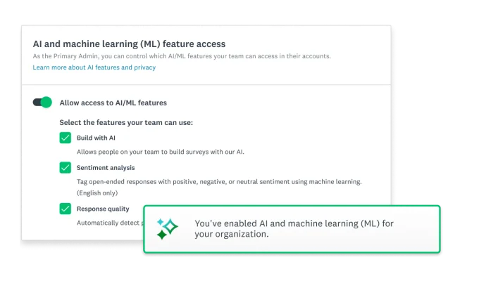 Screenshot of user enabling AI and machine learning features within SurveyMonkey