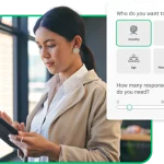 Woman looking at tablet next to screenshot of SurveyMonkey Audience Panel