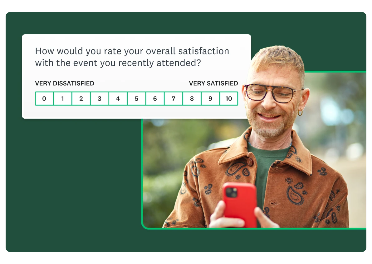 Screenshot of Likert scale question next to man looking at phone screen