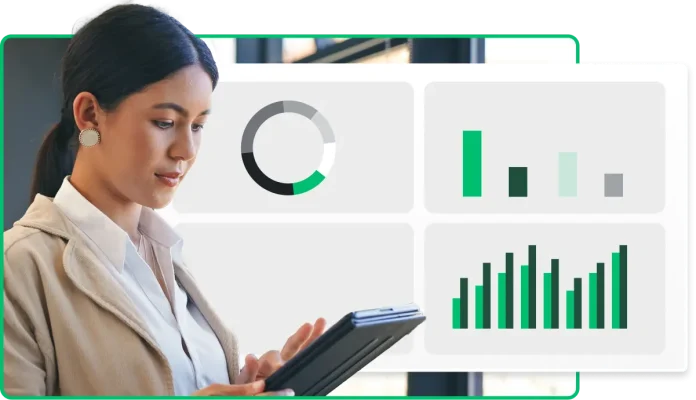 A woman on a tablet with a data dashboard screen floating around her.