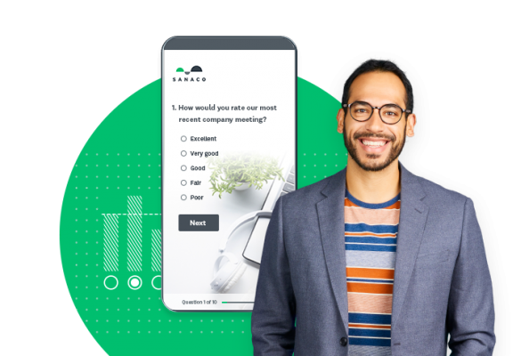 Man smiling in front of survey example